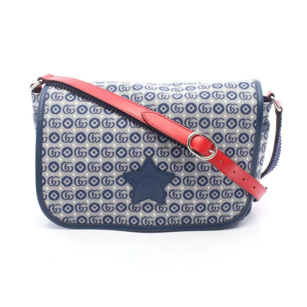 Gucci Double G Shoulder Bag Canvas Leather Navy Blue Gray Red